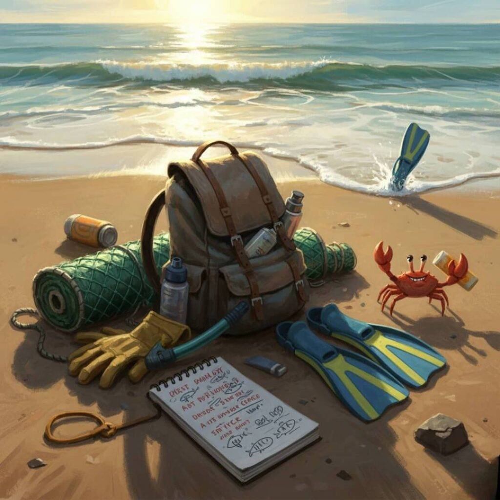 Beach gear, notebook, crab stealing sunscreen.