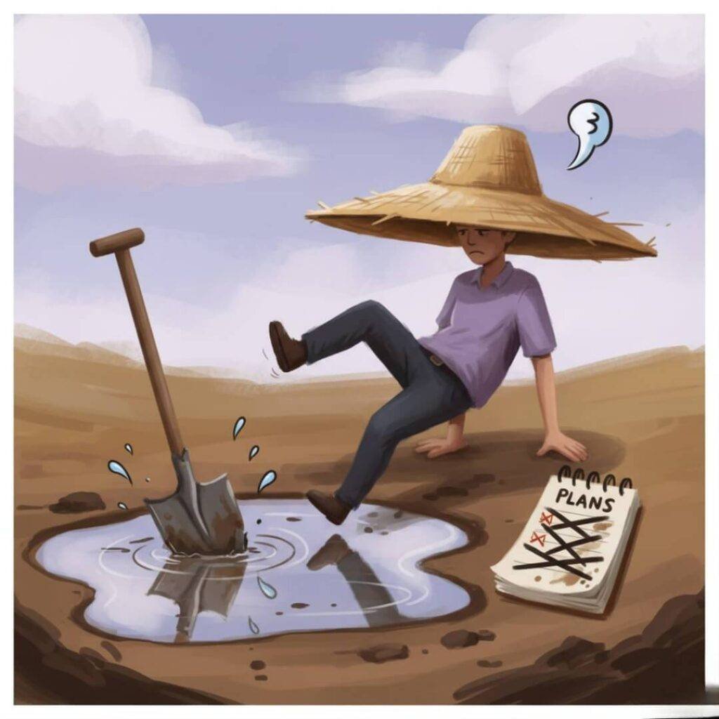 Volunteer in big hat slipping, broken shovel, crossed plans.