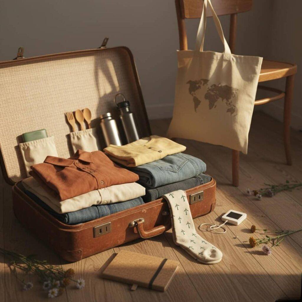 Suitcase with eco-friendly travel essentials and socks.