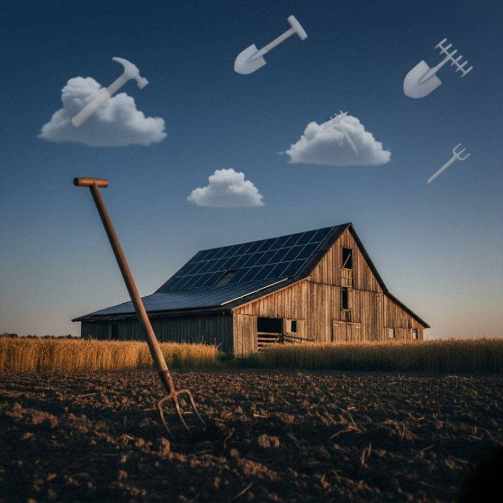 Barn, solar panels, pitchfork, tool-shaped clouds.