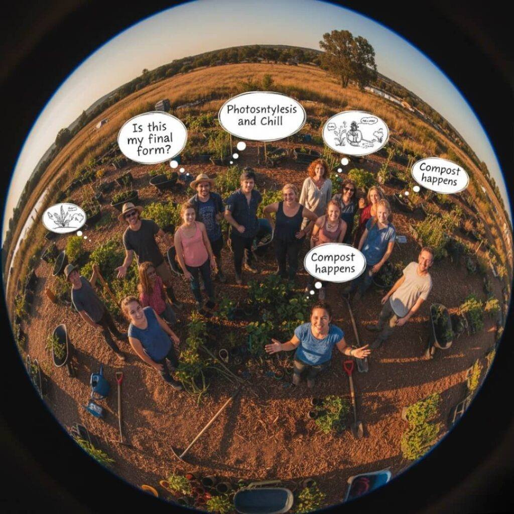 Fish-eye drone shot of permaculture group with thought bubbles.