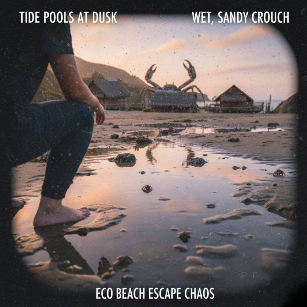 Dusk tide pools, wet crouch, eco beach chaos.