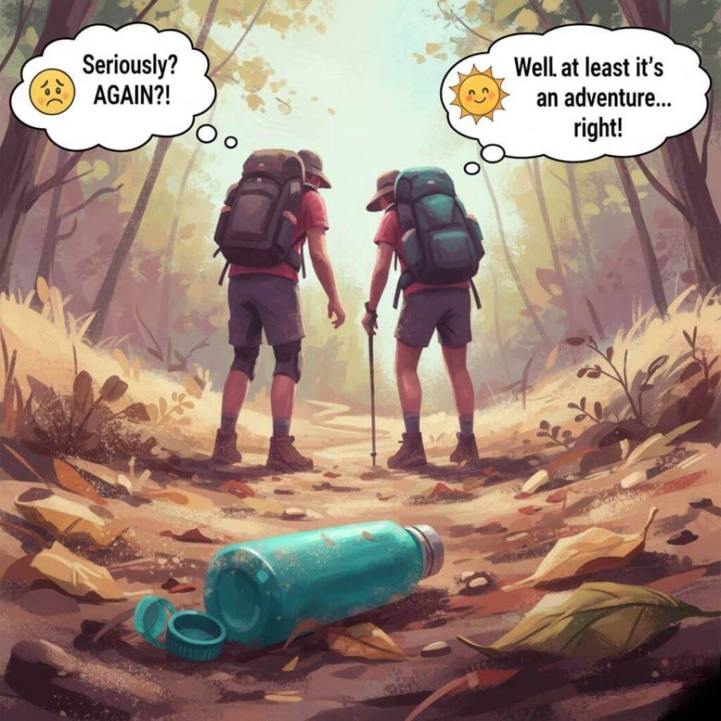 Dropped water bottle, hikers, cartoon thought bubbles.