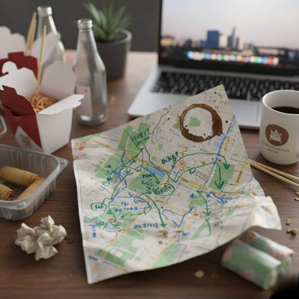 Messy desk, coffee-stained eco-route map.