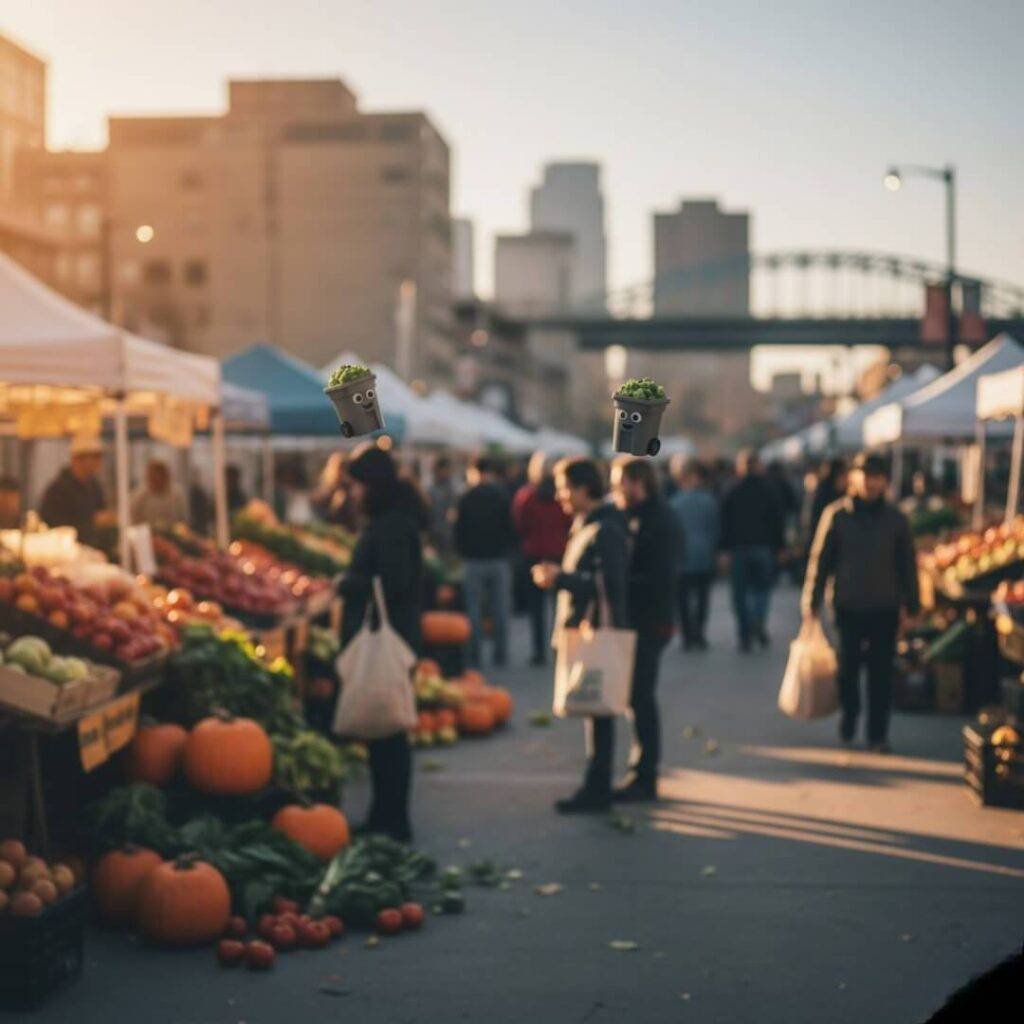 Farmers' market, blurry, with floating compost bins.
