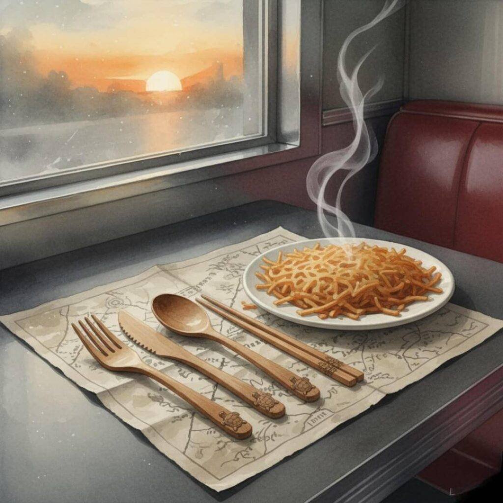 Bamboo cutlery, hashbrowns, and a diner dawn.