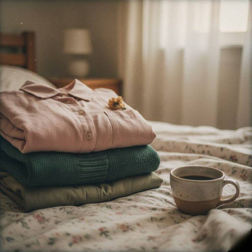 Sustainable clothes stack with coffee, morning light.