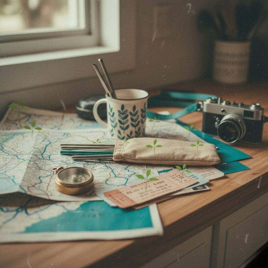 Cluttered thrifted travel gear on a grainy counter.