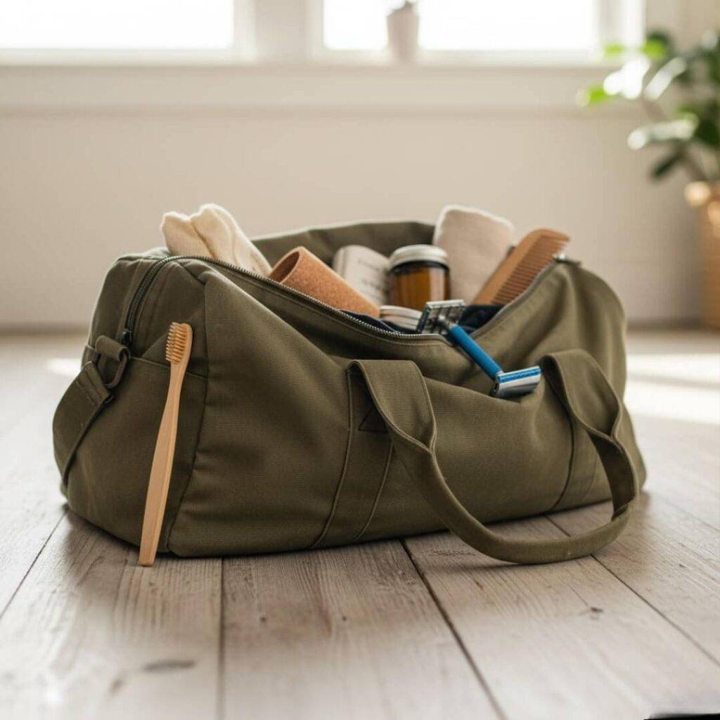 Eco toiletries peeking out of travel bag.