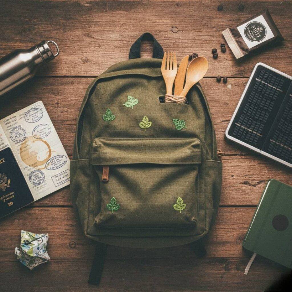 Sustainable travel flat lay, vintage digital twist.