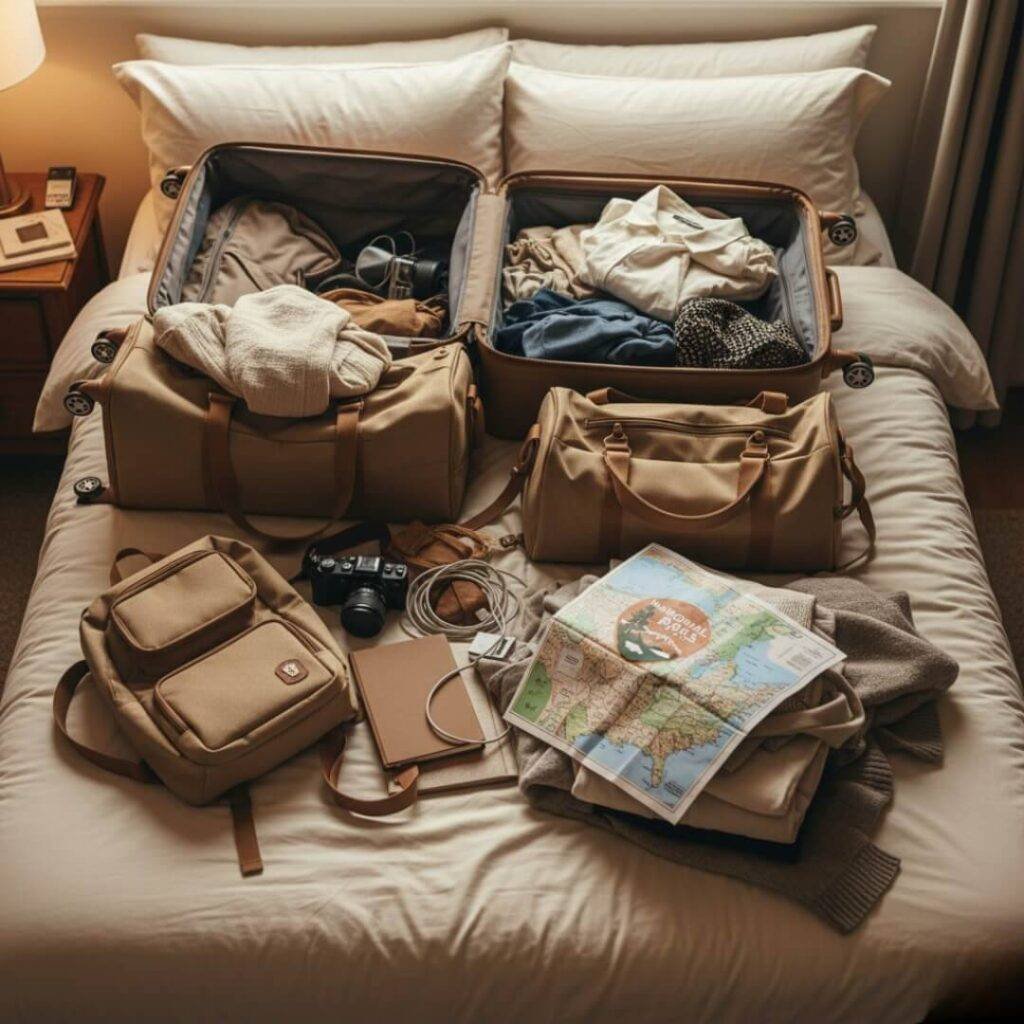 Overhead view: eco luggage, clothes, map on bed.