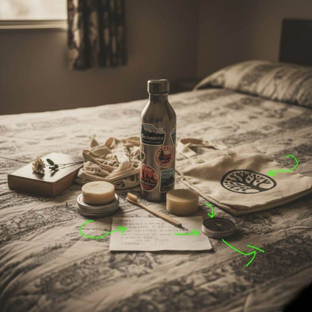 Eco items like treasure map on motel bed.