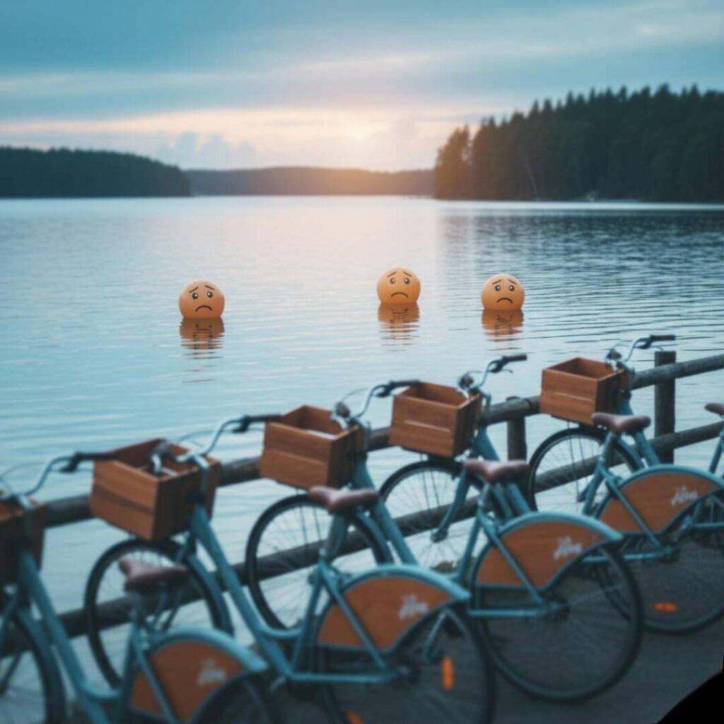 Swedish bikes by lake with puzzled eco-buoys.