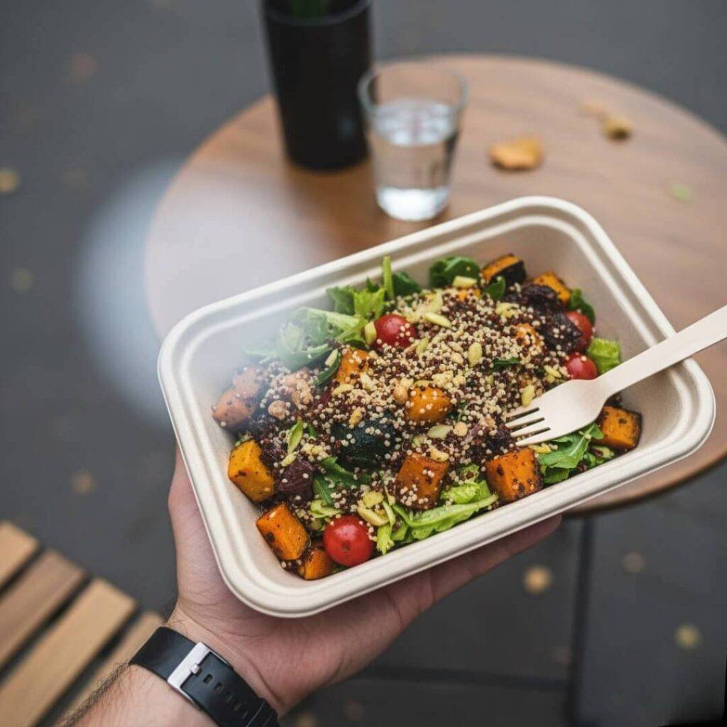 One-handed meal in a compostable container.
