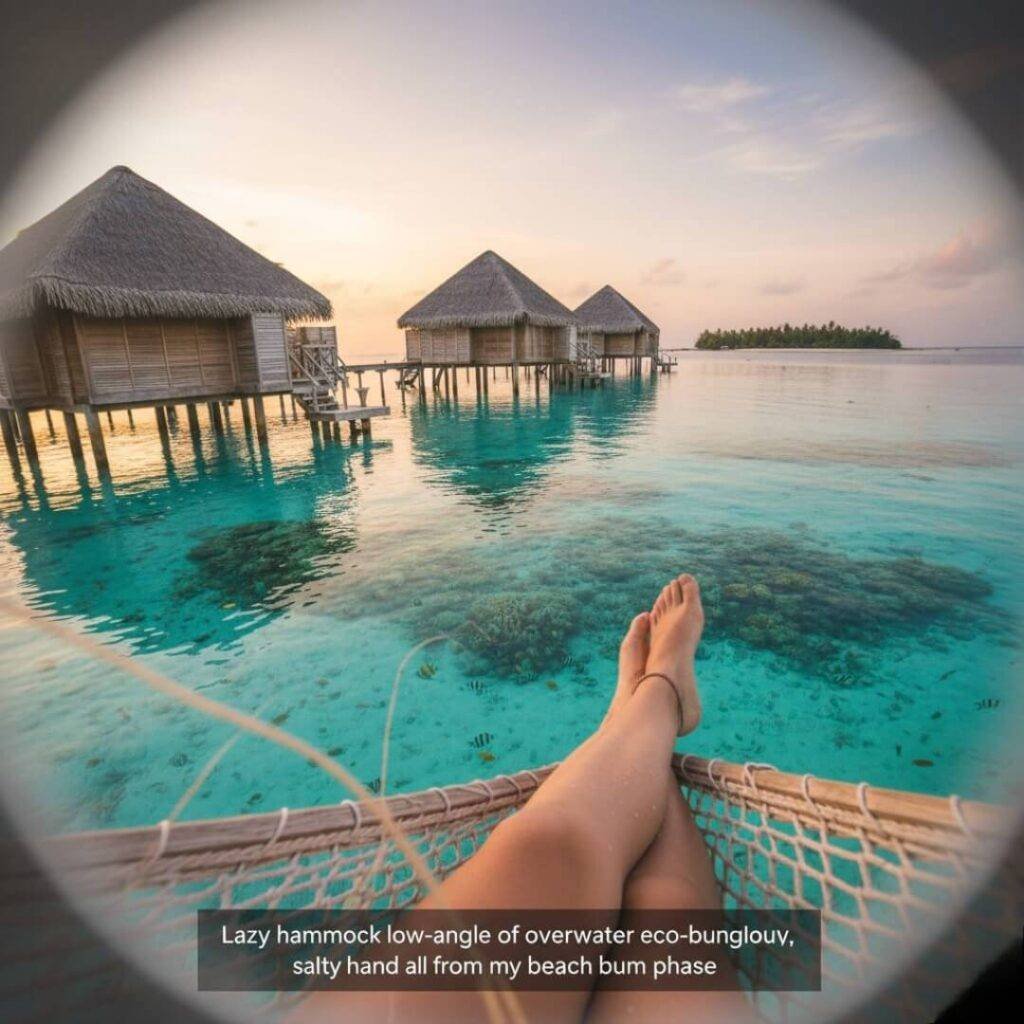 Hammock view of overwater bungalows at dawn.