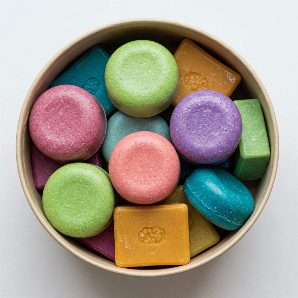 Colorful solid toiletries in reusable container.