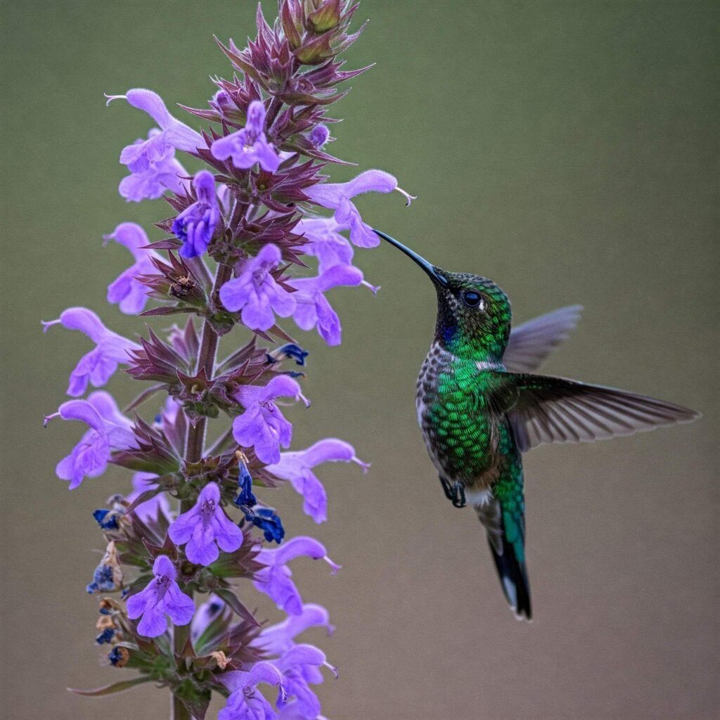 Hummingbird on Purple Flowers