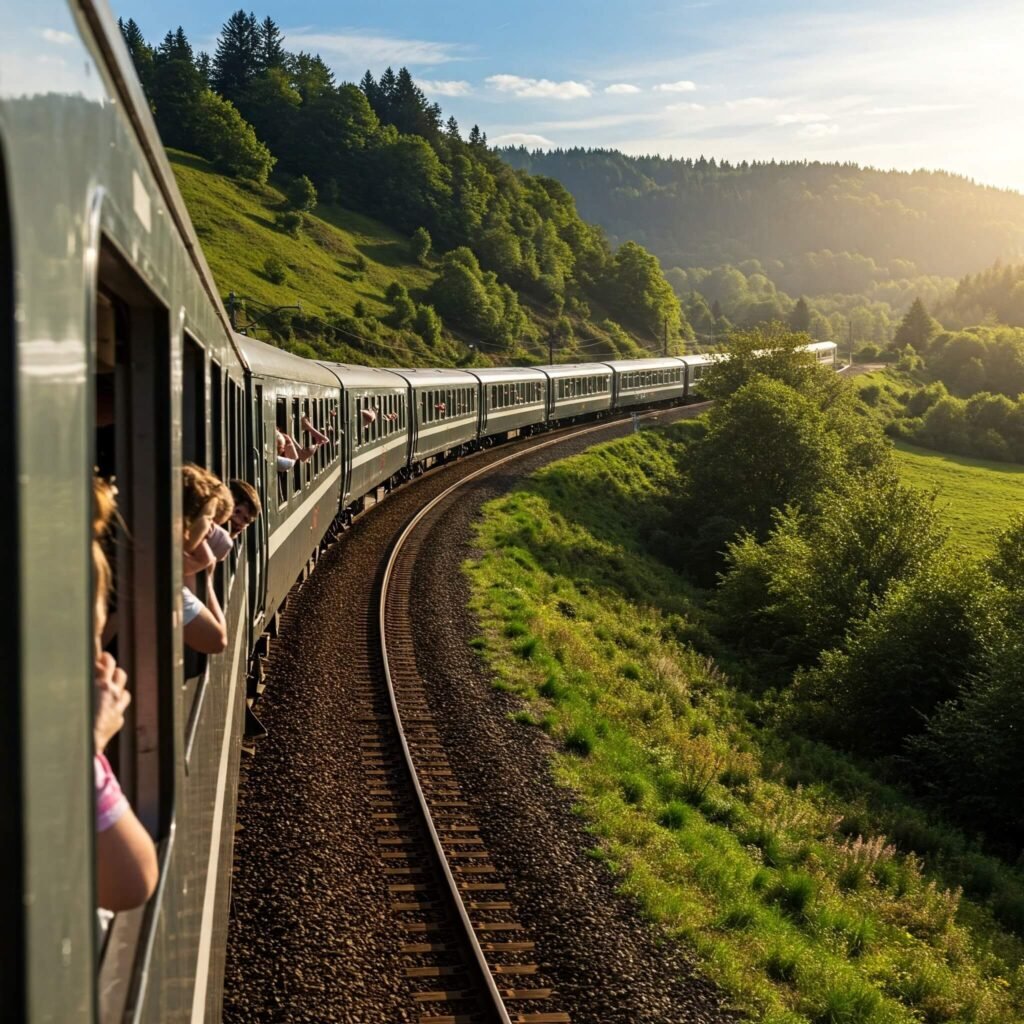 Scenic Train Through Hills