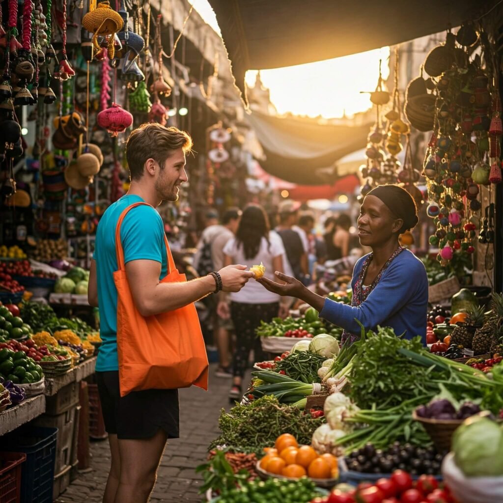 Traveler with tote bag at local market.