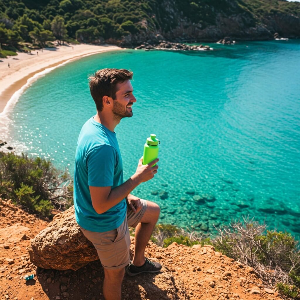 Hiker drinking from a reusable water bottle on a scenic beach.