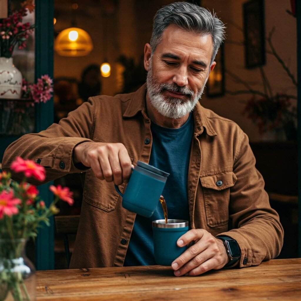 Traveler using reusable coffee cup