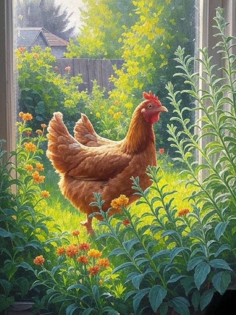 Smudged window, Portland garden, strutting chicken, vibrant hues.