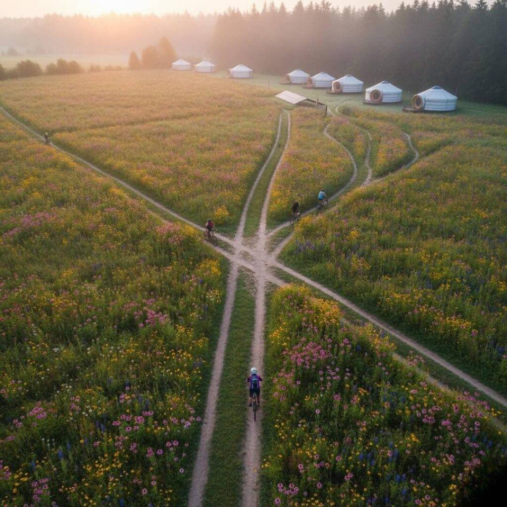 Pedal-powered paths from above, sustainable lodge breakthrough.