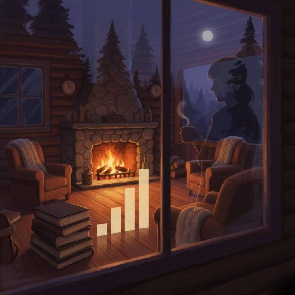 Cozy cabin, firelight, books like signal bars, cautious optimism.