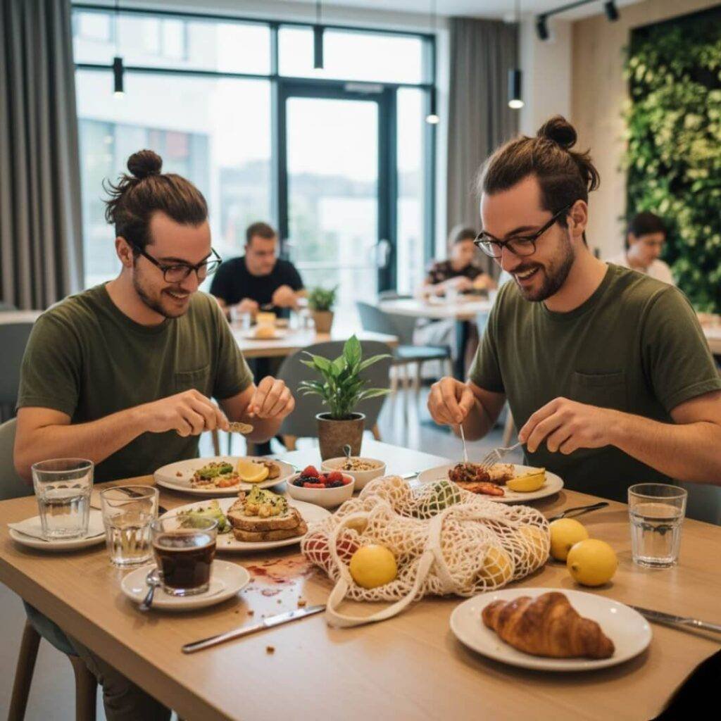 Messy, happy green hotel breakfast.