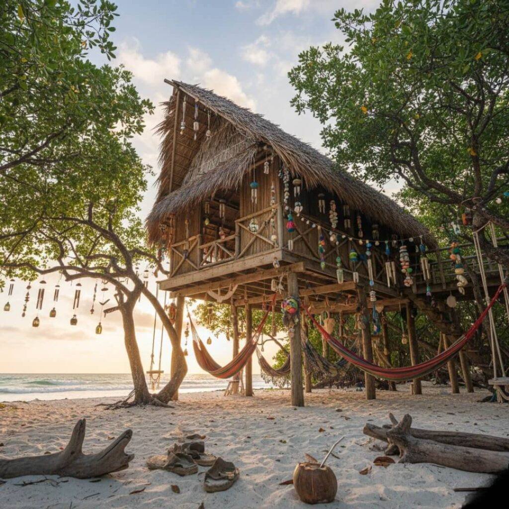 Low-angle view of sandy thatched hut with mangroves.