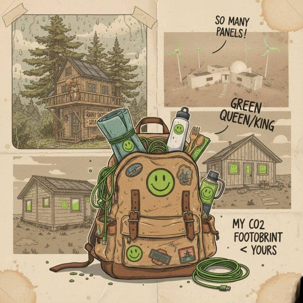 Backpack, eco-gear, vintage collage, sepia and lime green.