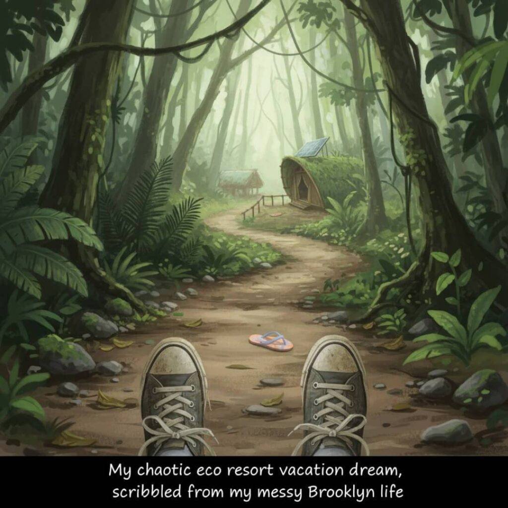 POV jungle trail, sneakers, lost flip-flop.