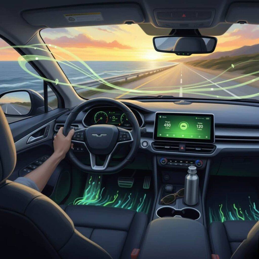 Efficient EV driving, coastal highway, sunset, dashboard stats.