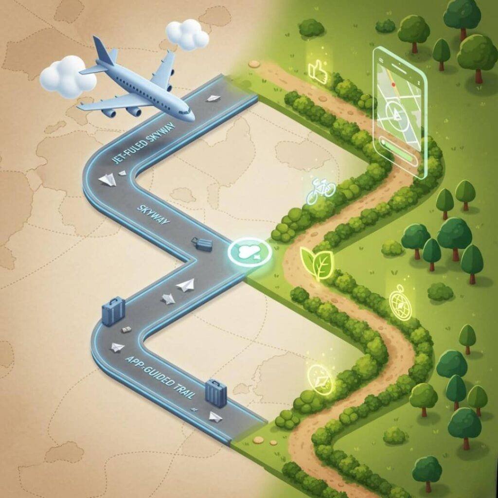 Isometric path: jet skyway vs. app-guided trail.