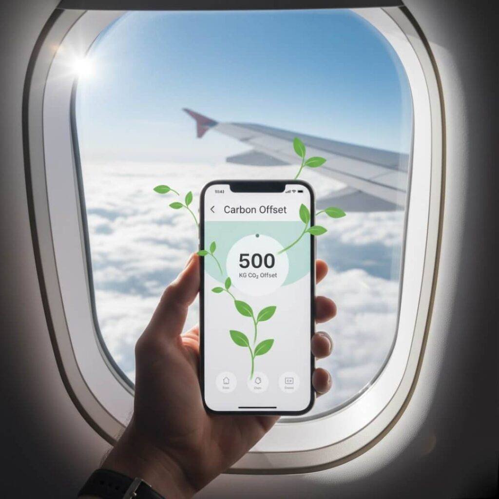Carbon offset app on phone at airplane window.