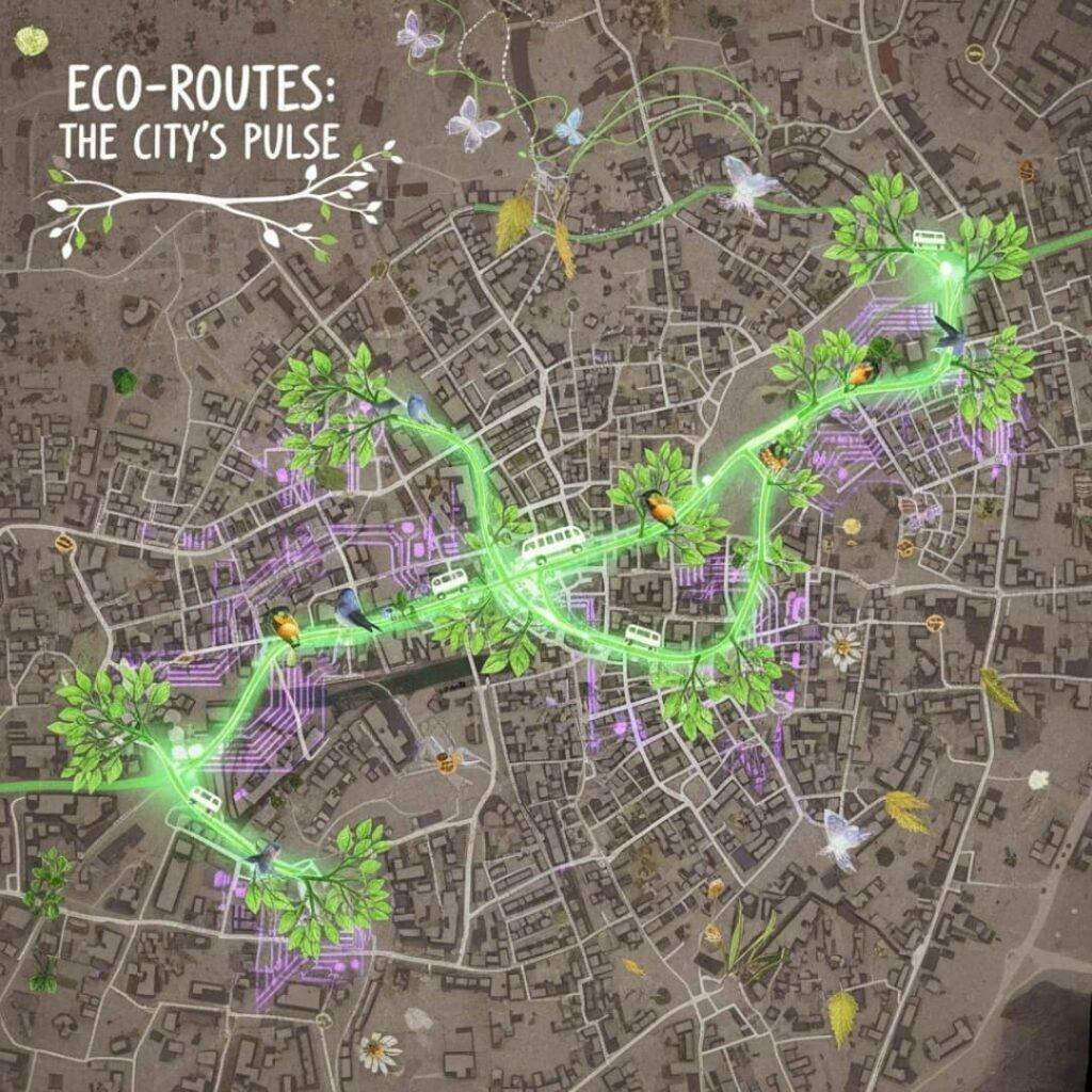 Urban map with green, tree-like public transport routes.