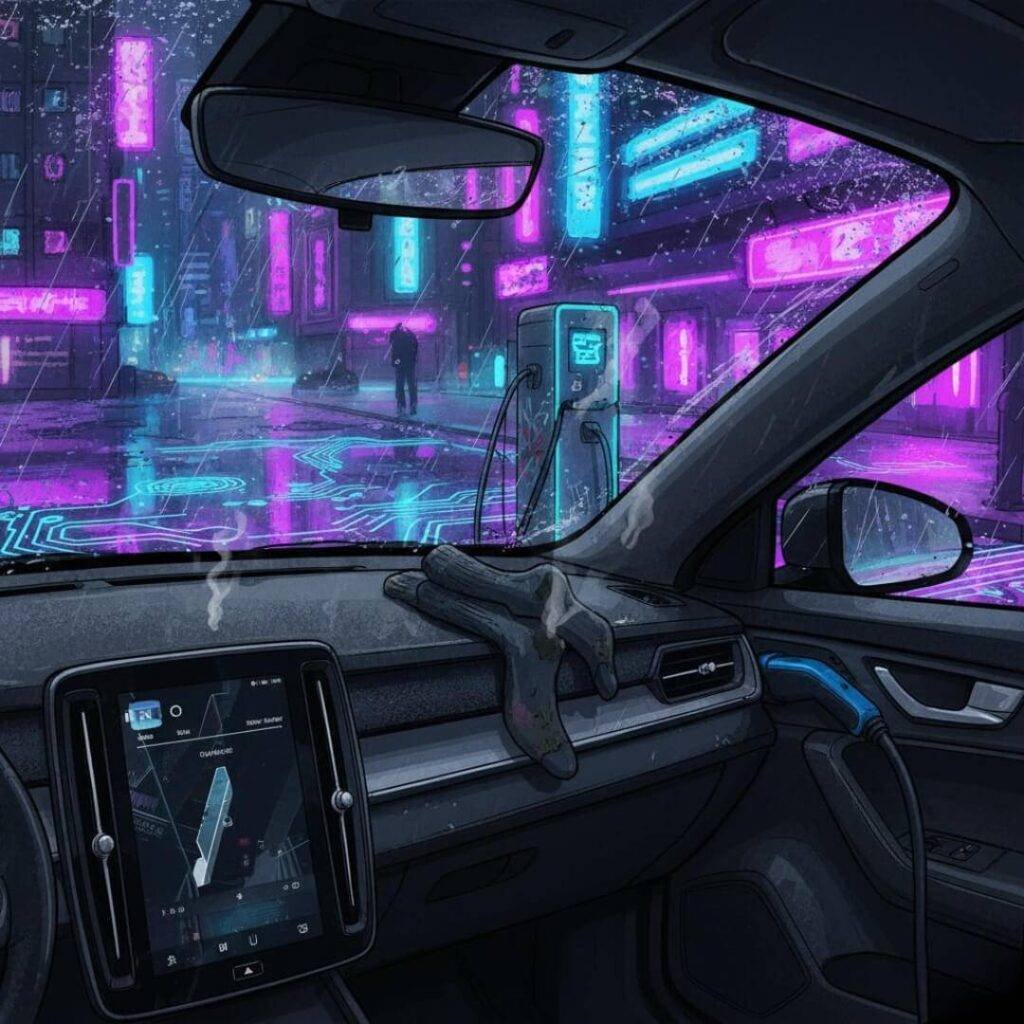 Polestar 2, rainy city, neon, soggy socks.