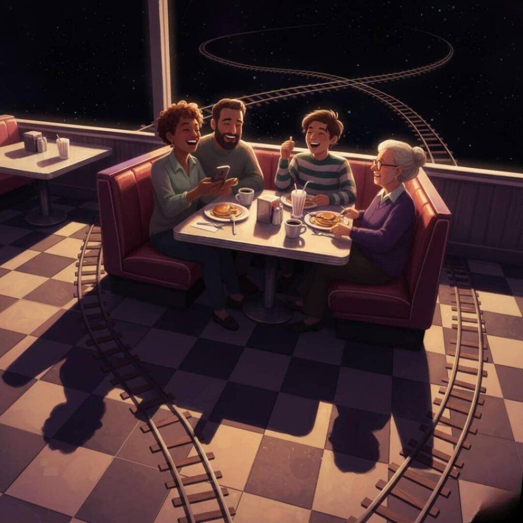 People laughing in a diner, shadows like train tracks.