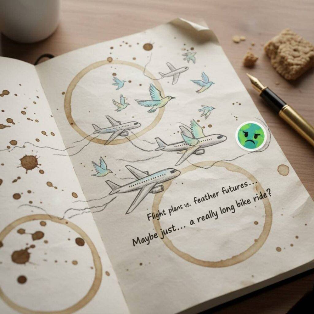 Journal with planes, birds, and Earth emoji.