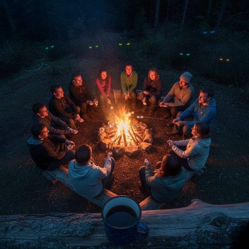 Campfire with volunteers and glowing animal eyes.