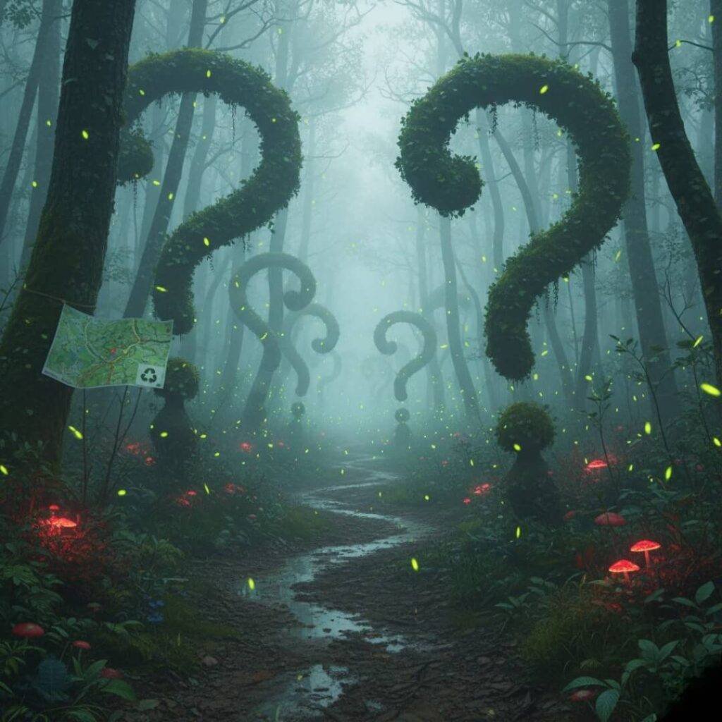 Misty forest path with glowing question mark trees.