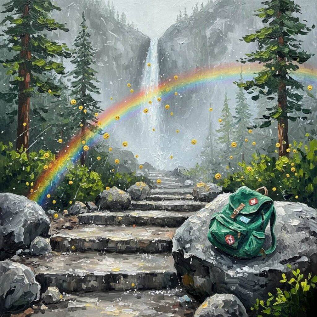 Optimistic Yosemite trail, sparkling steps, rainbow smileys.