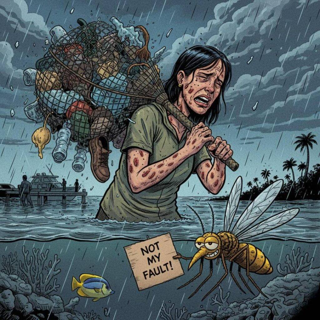 Tired person with trash net, mosquito.