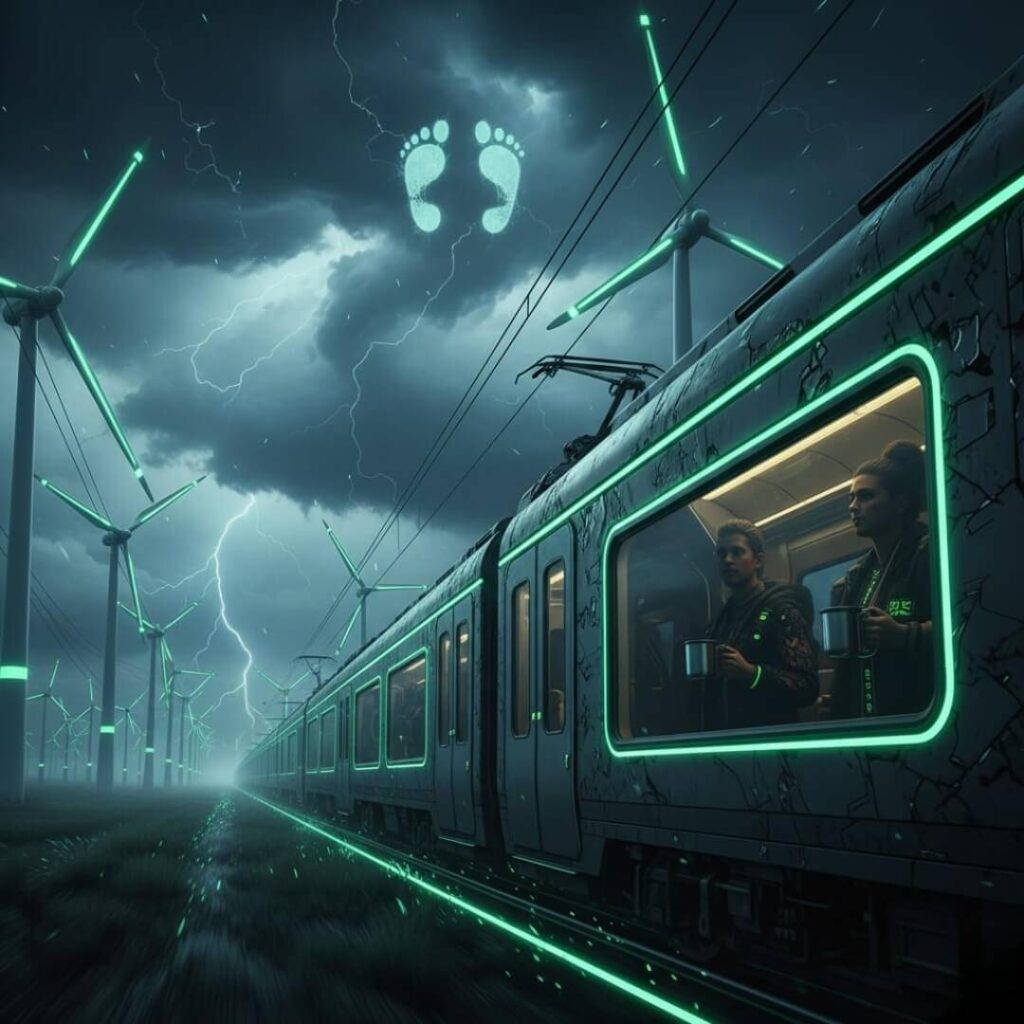 Electric train speeds past wind farms under storm.