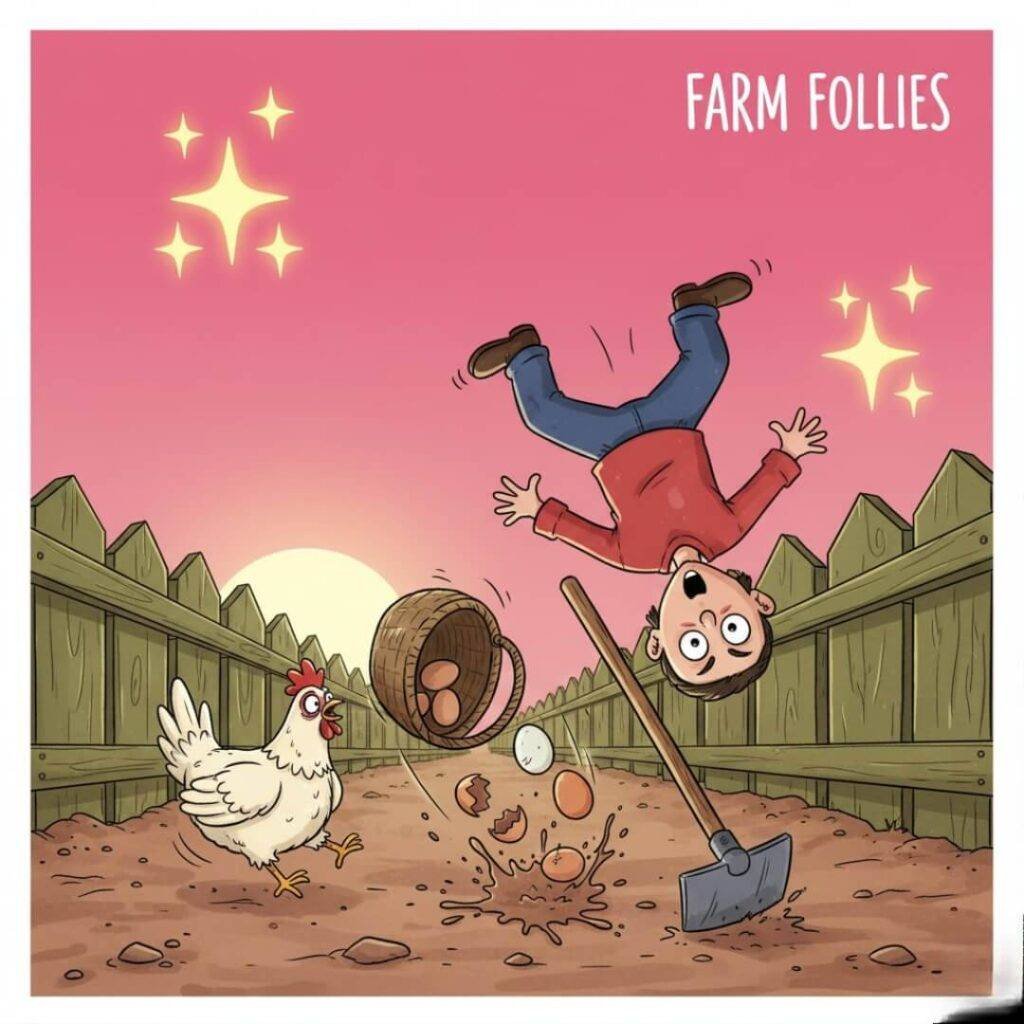 Cartoon of person tripping, chicken, spilled eggs.