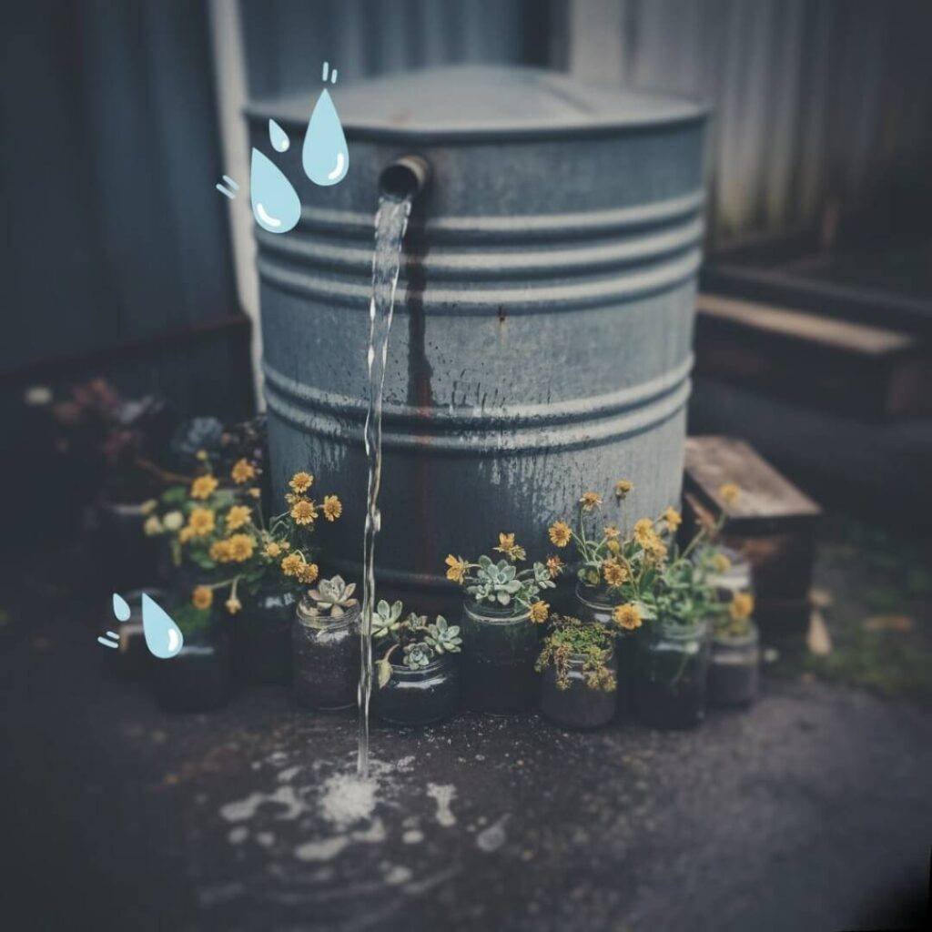 Overflowing rainwater tank with quirky jar planters.