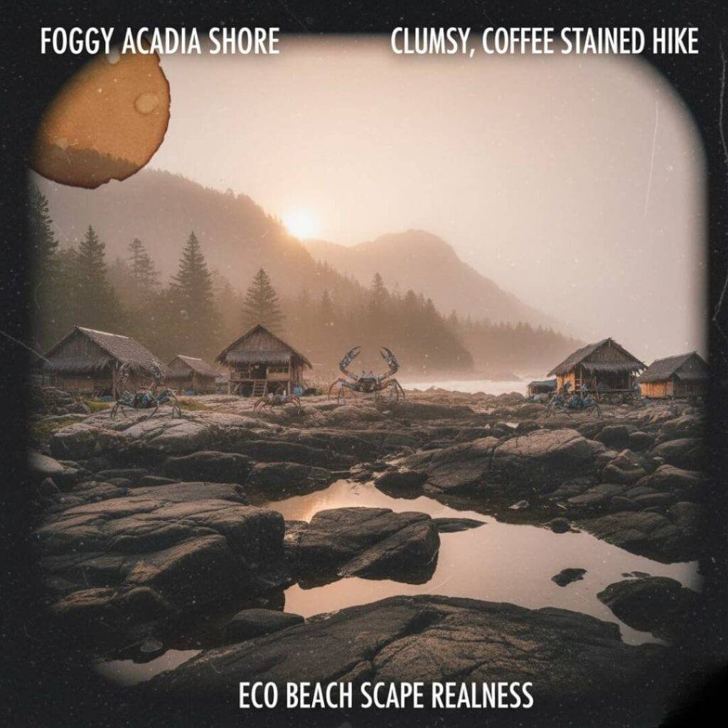 Foggy Acadia shore, coffee-stained hike, beach realness.