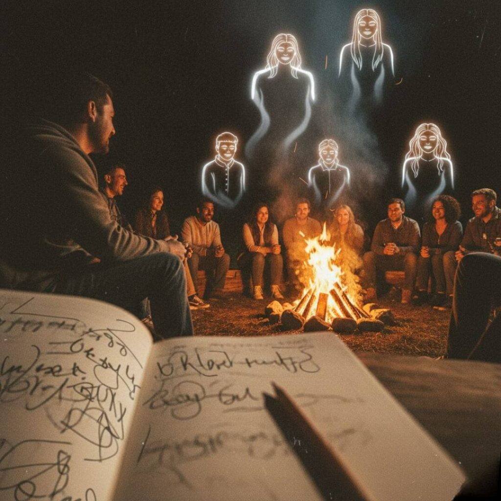 Campfire, notebook, ghostly figures in smoke.