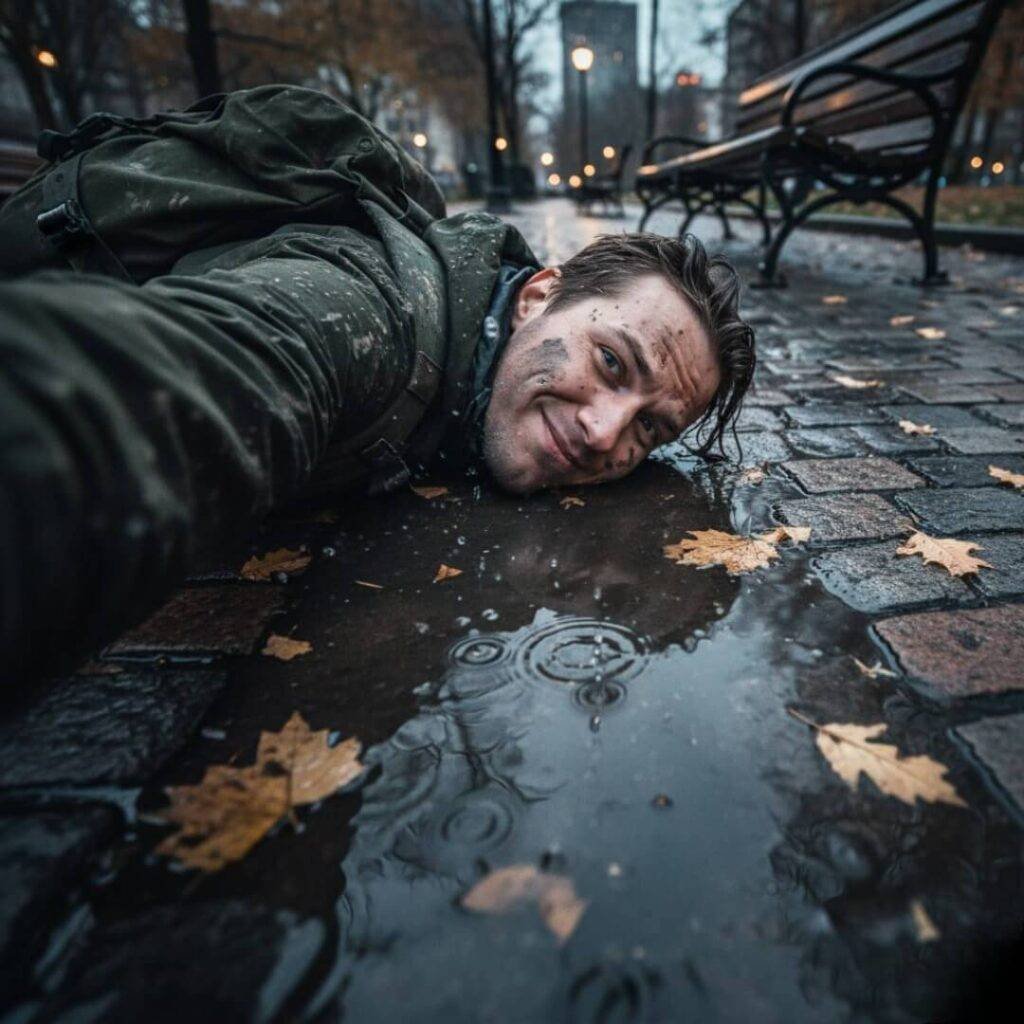 Puddle reflection selfie, muddy face, park.