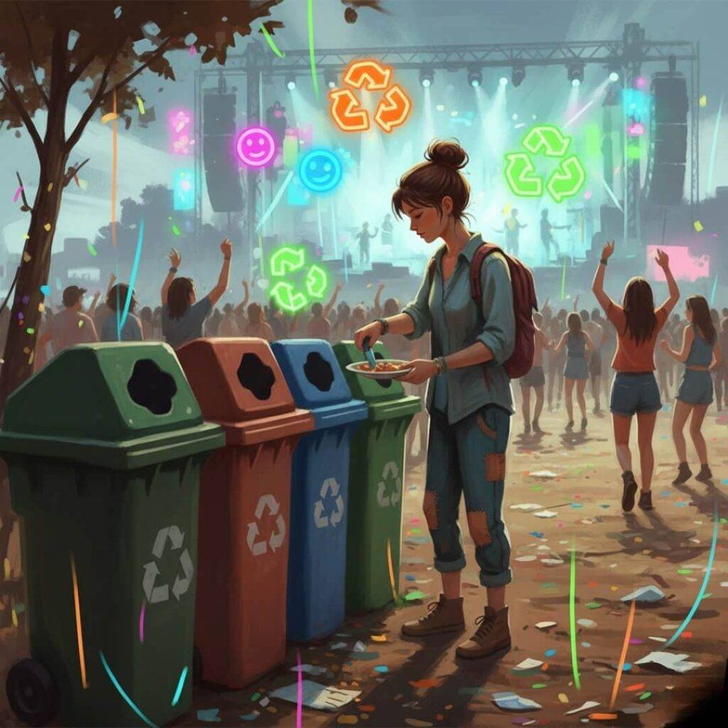 Festival composting with neon recycling symbols.